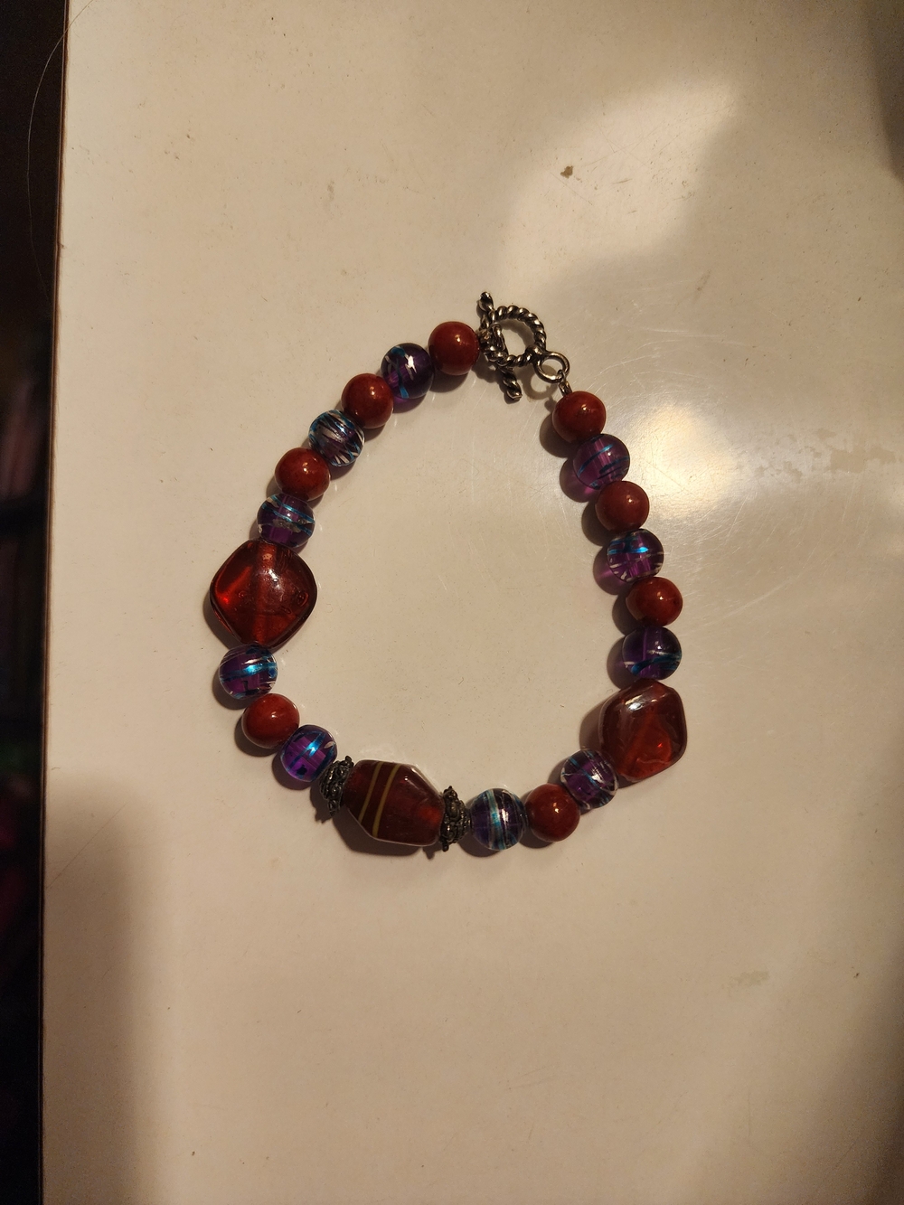 Red and Purple Beaded Bracelet with Toggle Clasp - Vintage